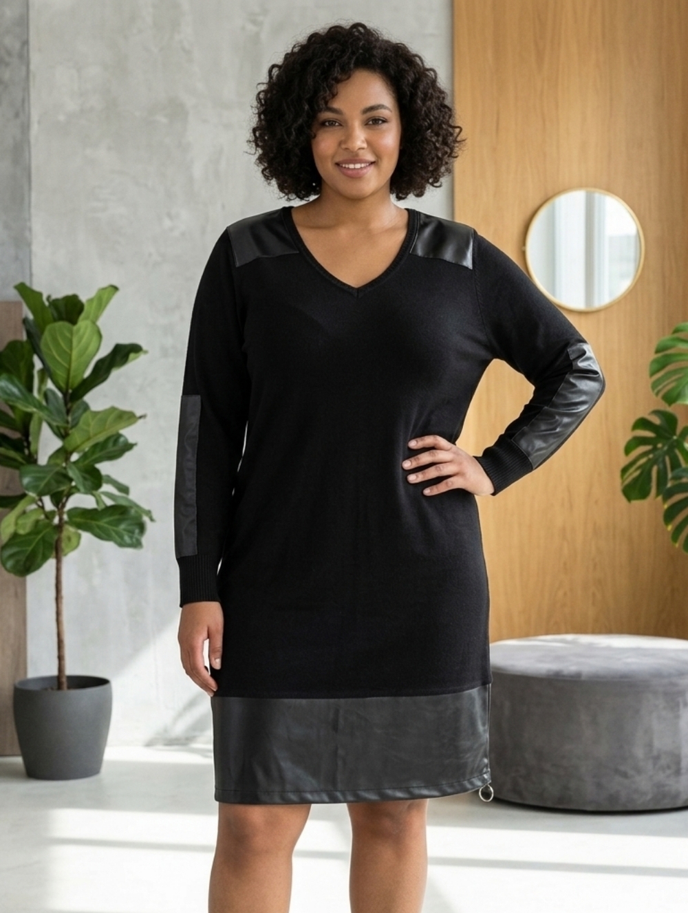 Say What? Black Long Sleeve Dress with Leather Accents